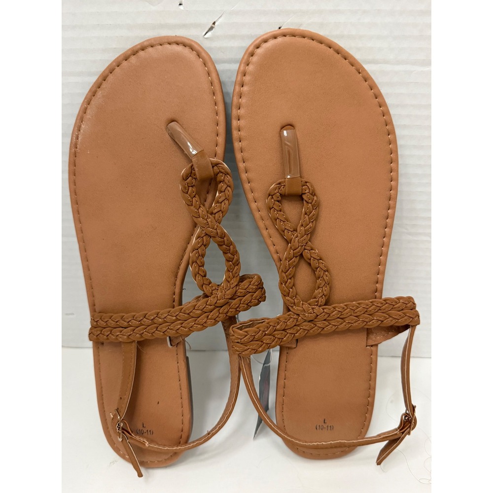 Bobbie Brooks Tan Braided‎ Thong Sandals Vegan Leather Ankle Strap Flat New